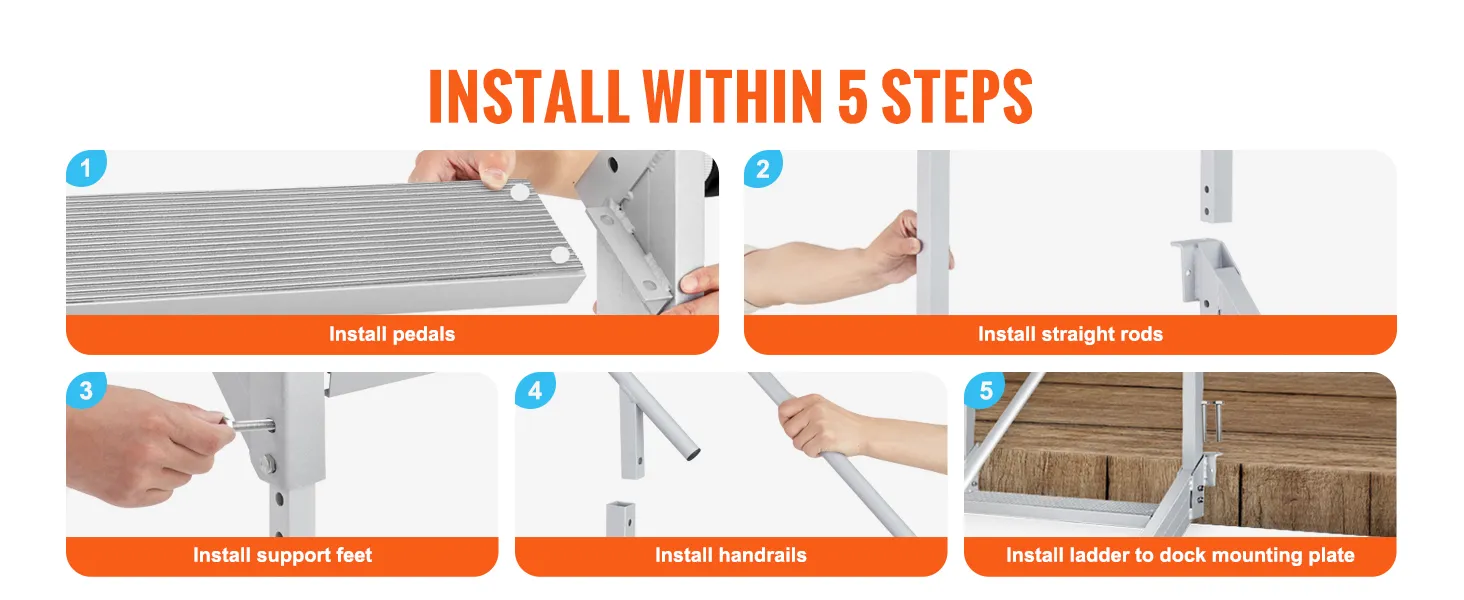 install VEVOR dock ladder in 6 steps: attach nonslip pads, pedals, straight rods, support feet, and handrails.