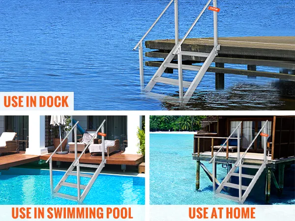 VEVOR-dokladder bevestigd aan een houten steiger boven kalm blauw water, voor meer stabiliteit bij stormen.