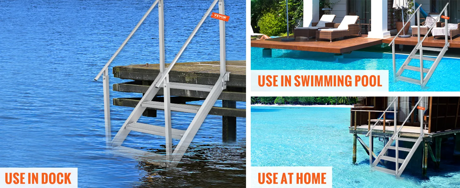 VEVOR dock ladder attached to wooden dock over calm blue water, promoting stability in storms.
