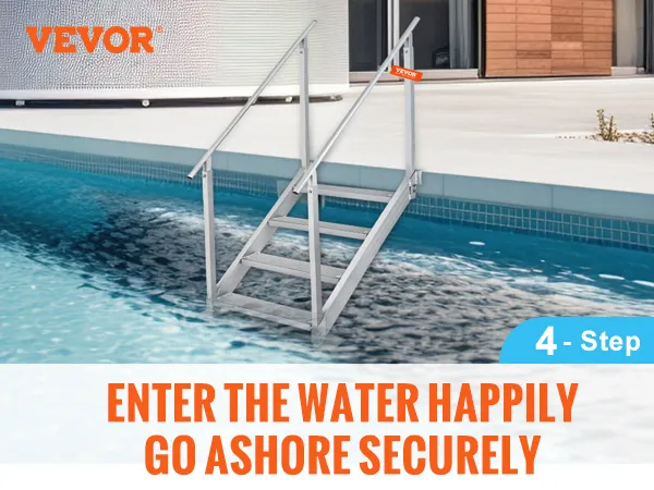 VEVOR steigerladder met dubbele leuningen bij het zwembad; 4 treden, draagvermogen van 500 lbs, verstelbaar aluminium frame.
