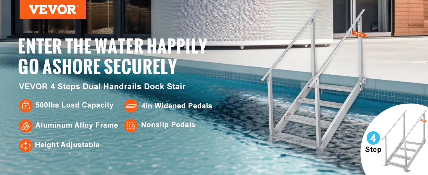 VEVOR dock ladder with dual handrails near pool; 4 steps, 500lbs capacity, adjustable aluminum frame.
