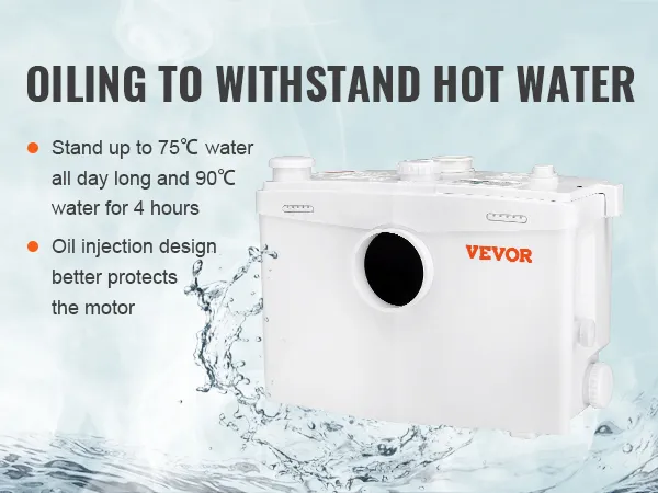 Pompa rozdrabniająca VEVOR wytrzymuje temperaturę wody do 90°C, wtrysk oleju skutecznie chroni silnik.
