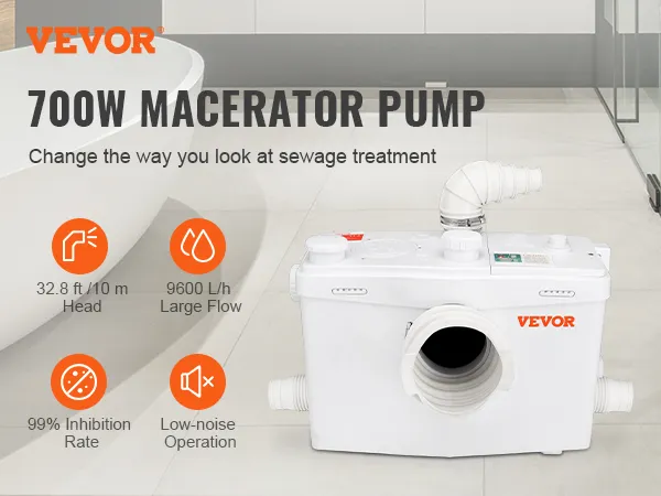 Pompa rozdrabniająca VEVOR - 700 W, wysokość podnoszenia 32,8 stóp, przepływ 9600 l/h, wskaźnik hamowania 99%, cicha praca.