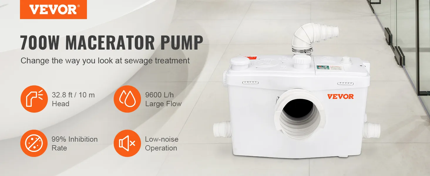 Pompa rozdrabniająca VEVOR - 700 W, wysokość podnoszenia 32,8 stóp, przepływ 9600 l/h, wskaźnik hamowania 99%, cicha praca.