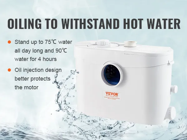 VEVOR maceratorpomp, geolied om bestand te zijn tegen heet water, kan dagelijks temperaturen tot 75°C aan en 90°C gedurende 4 uur.
