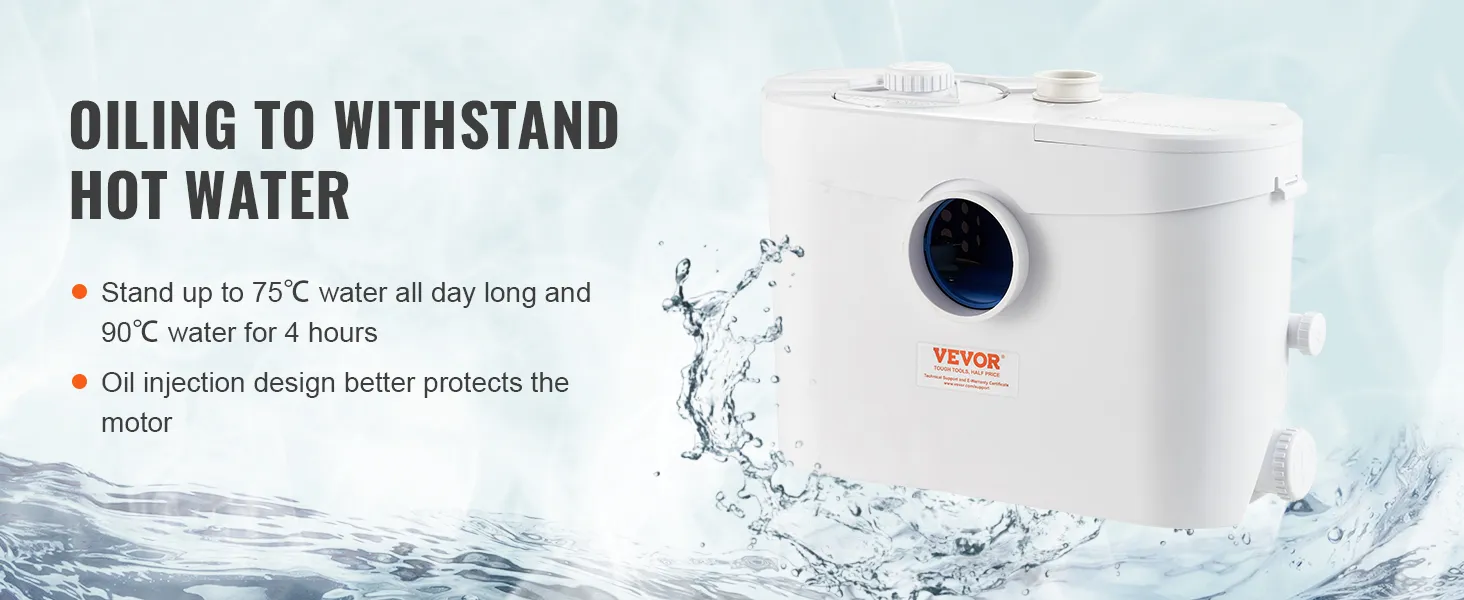 VEVOR maceratorpomp, geolied om bestand te zijn tegen heet water, kan dagelijks temperaturen tot 75°C aan en 90°C gedurende 4 uur.