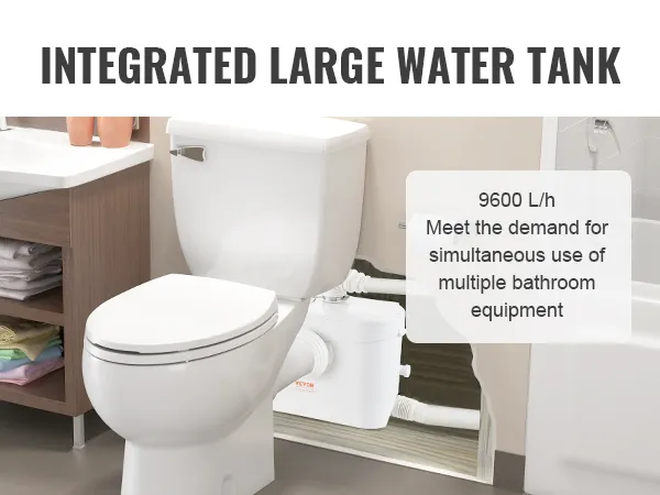 Toilet met VEVOR maceratorpomp, geïntegreerde grote watertank en houten wastafelmeubel. Capaciteit 9600 l/u.