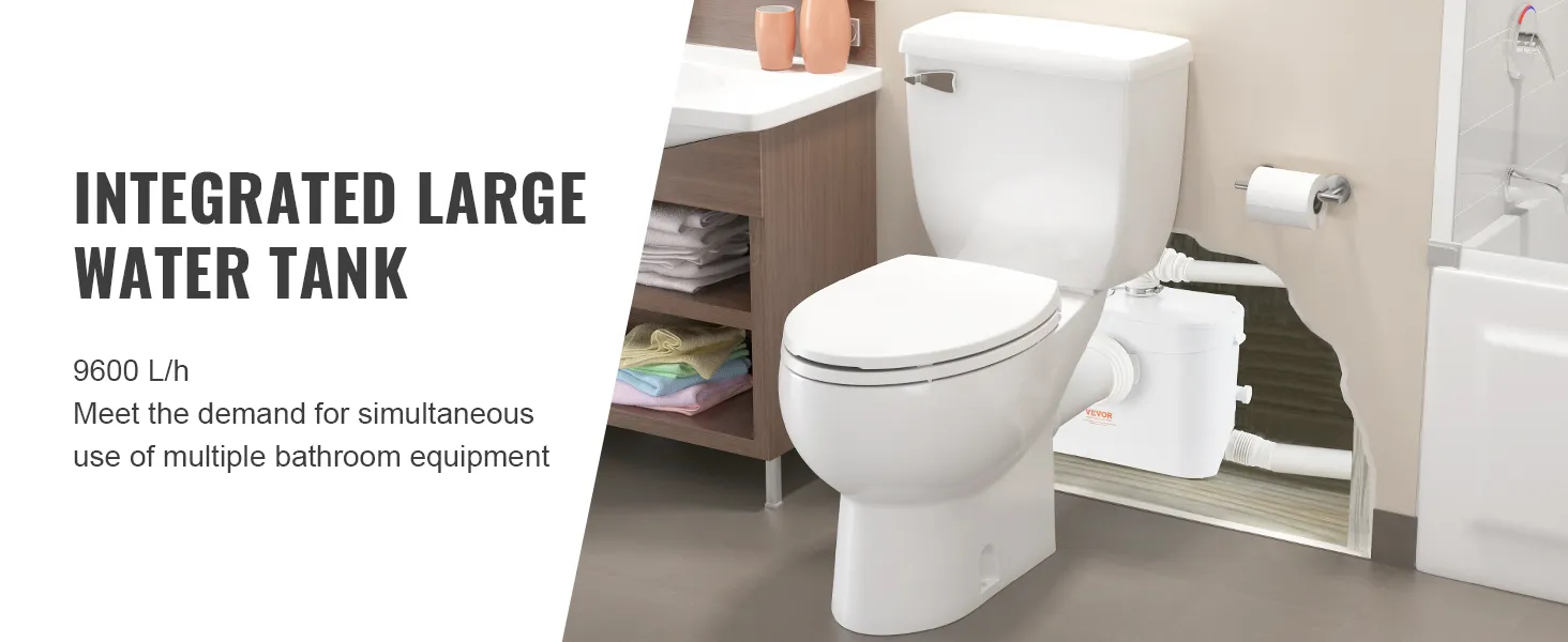 Toilet met VEVOR maceratorpomp, geïntegreerde grote watertank en houten wastafelmeubel. Capaciteit 9600 l/u.