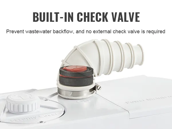 Ingebouwde terugslagklep voor VEVOR-maceratorpomp die terugstroming van afvalwater zonder externe klep voorkomt.