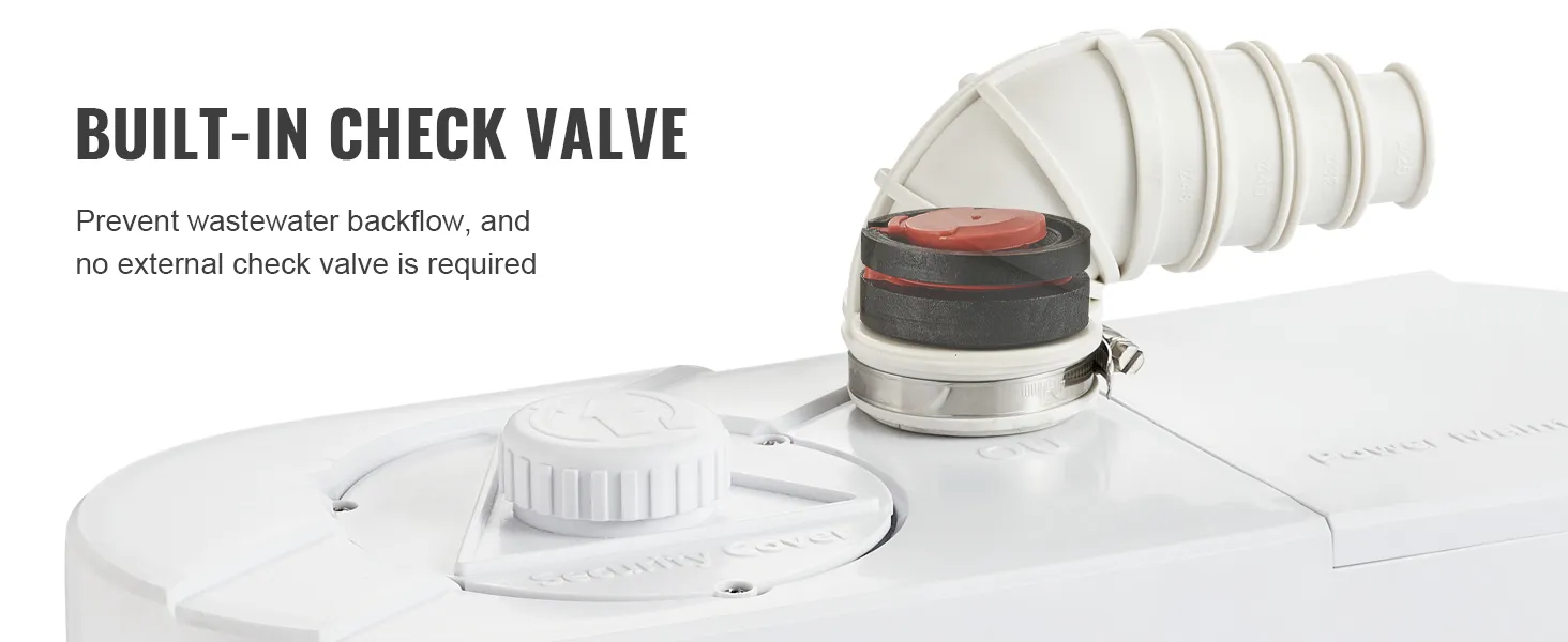 Ingebouwde terugslagklep voor VEVOR-maceratorpomp die terugstroming van afvalwater zonder externe klep voorkomt.