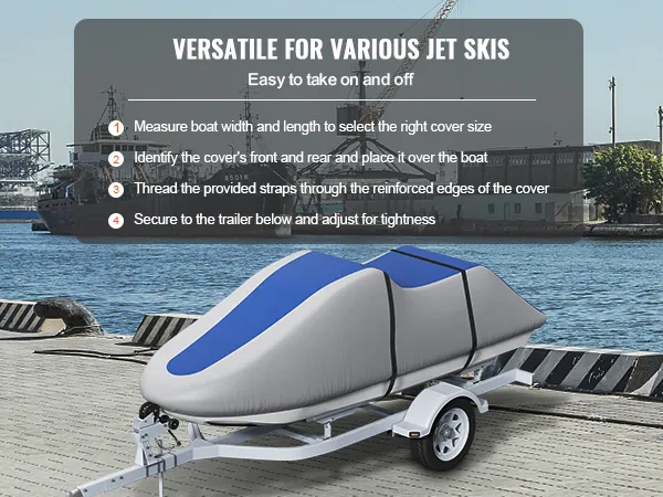 VEVOR-Jetski-Abdeckung auf einem Anhänger, die Vielseitigkeit und einfache Installationsschritte am Wasser veranschaulicht.