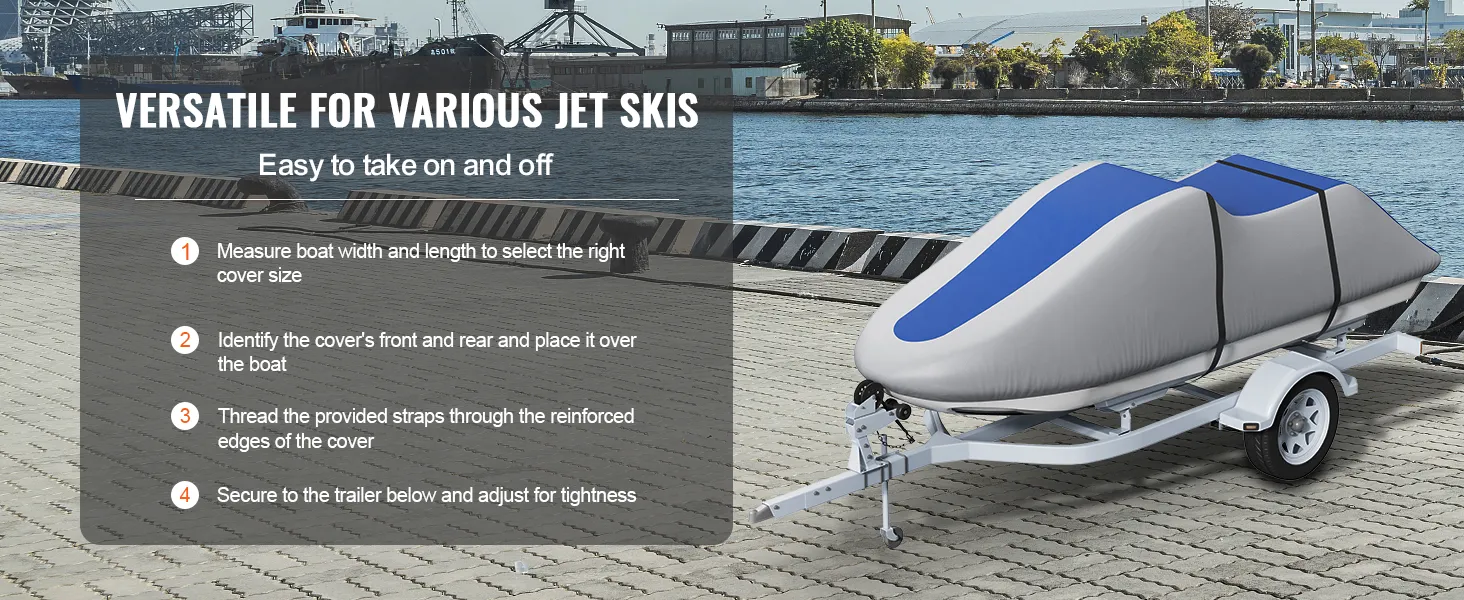 VEVOR jet ski cover on trailer, illustrating versatility and easy installation steps by the waterfront.