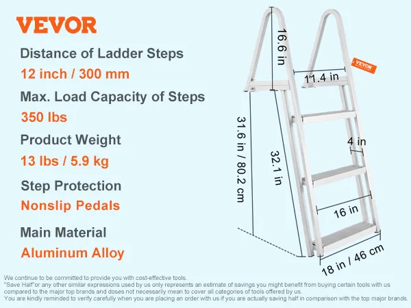 Abnehmbare 3-Stufen-Anlegeleiter von VEVOR, Aluminiumlegierung, rutschfeste Gummipolster, maximale Tragkraft 350 lbs, Gewicht 13 lbs.
