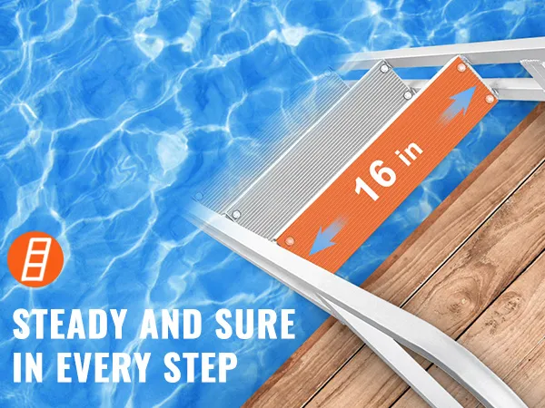 VEVOR-Anlegeleiter mit 16 x 4 Zoll rutschfesten Gummistufen auf Holzsteg über dem Wasser.