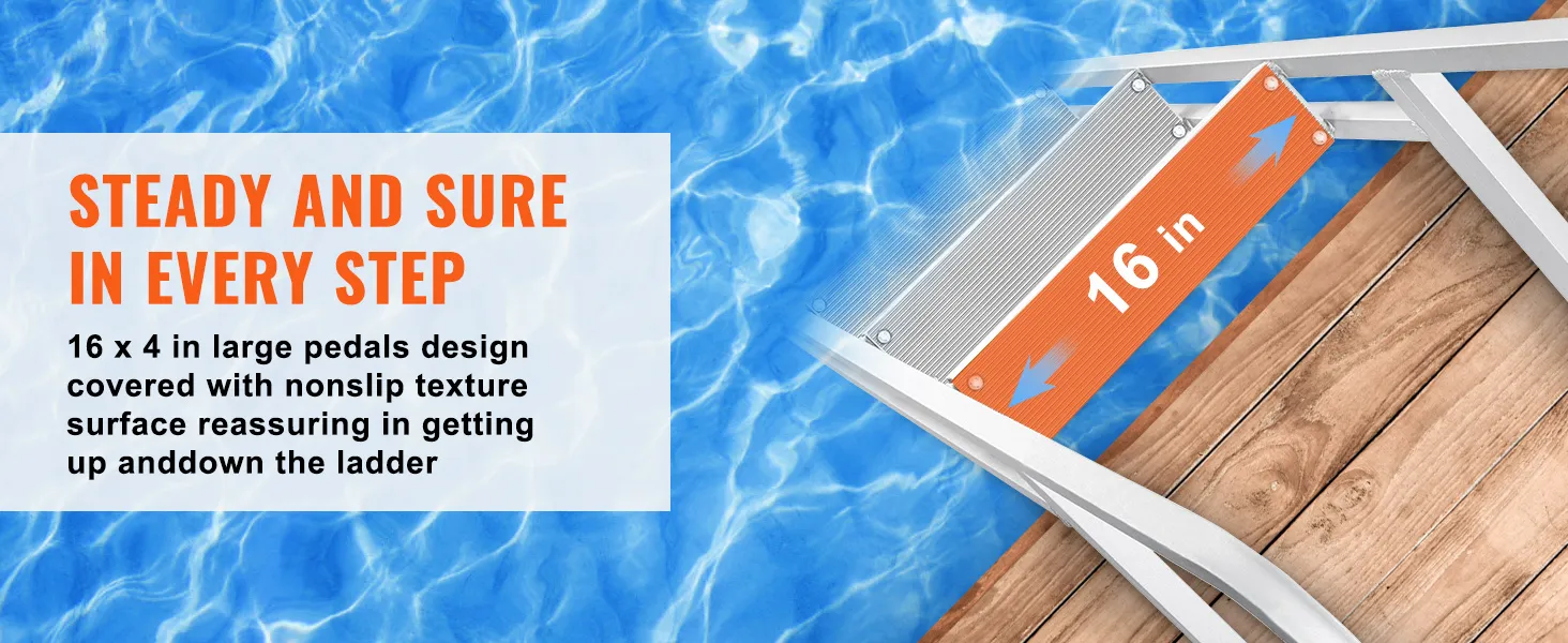 VEVOR-Anlegeleiter mit 16 x 4 Zoll rutschfesten Gummistufen auf Holzsteg über dem Wasser.