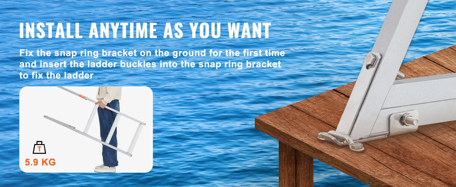 Installieren Sie die VEVOR-Anlegeleiter in 6 Schritten: Polster, Pedale, Handläufe, Schnallen, Sprengringhalterung, Hakenleiter.