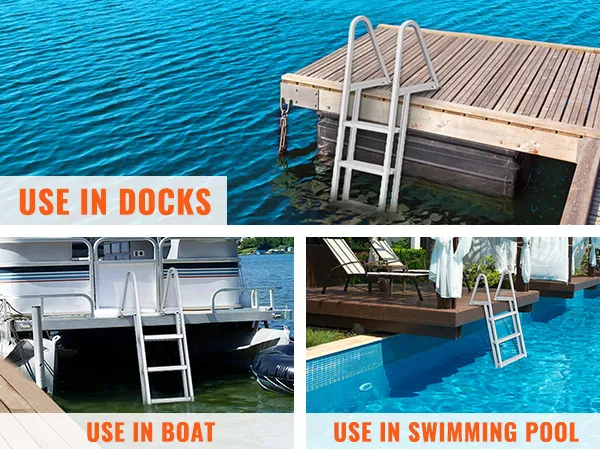 An einem Holzsteg über ruhigem blauen Wasser befestigte VEVOR-Anlegeleiter mit dem Text „Use in Docks“ und einem Slogan.