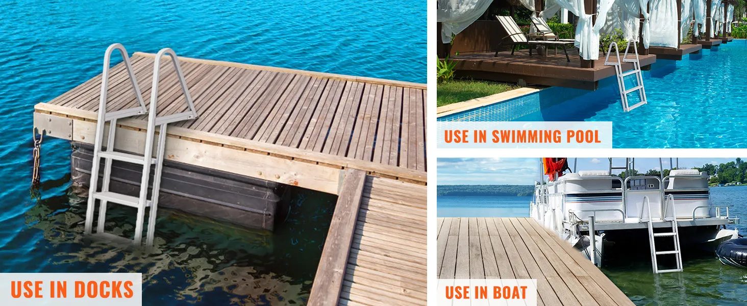 An einem Holzsteg über ruhigem blauen Wasser befestigte VEVOR-Anlegeleiter mit dem Text „Use in Docks“ und einem Slogan.