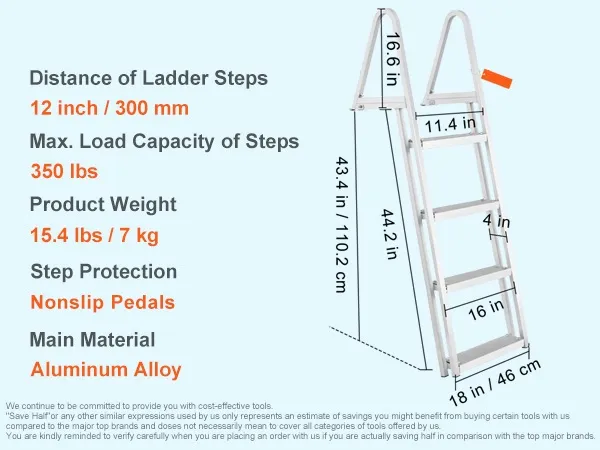 Escalera de muelle VEVOR, extraíble de 4 escalones, carga de 350 libras, peso de 15,4 libras, almohadillas de goma antideslizantes, aleación de aluminio.