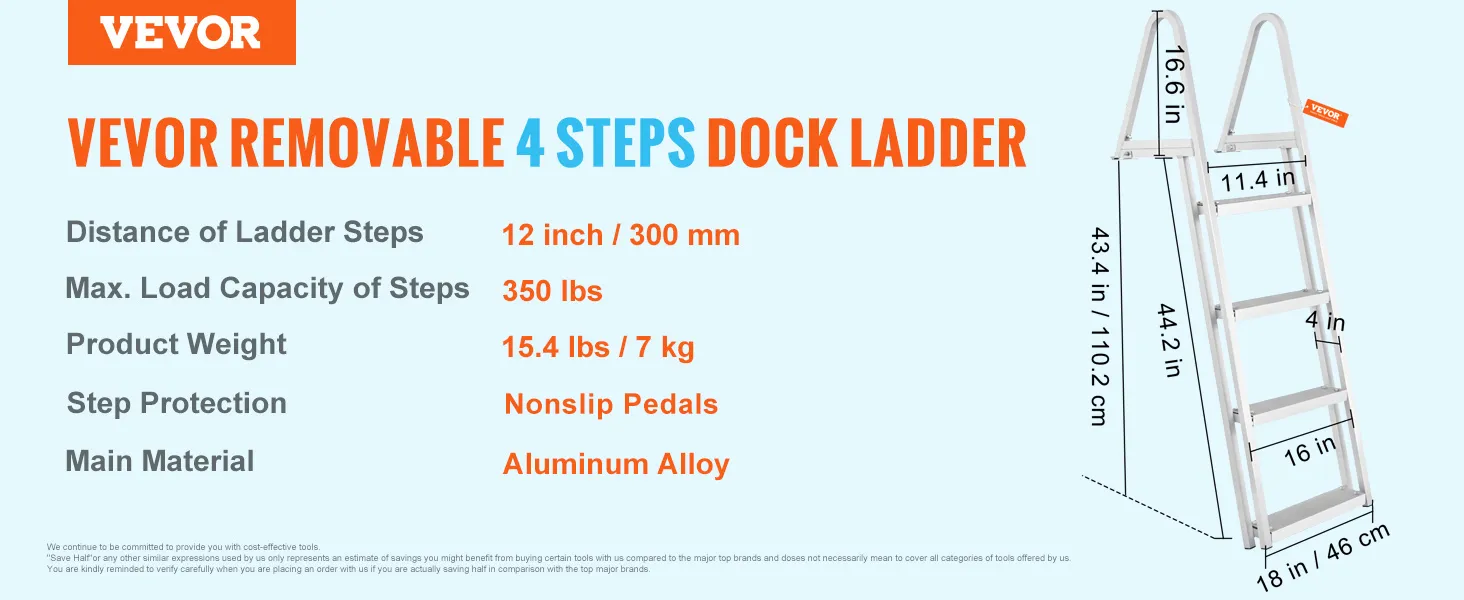 Escalera de muelle VEVOR, extraíble de 4 escalones, carga de 350 libras, peso de 15,4 libras, almohadillas de goma antideslizantes, aleación de aluminio.