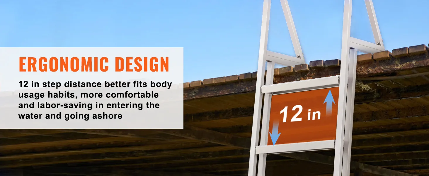 Escalera de muelle VEVOR con diseño ergonómico y distancia de escalón de 12 pulgadas para un acceso más fácil y comodidad.