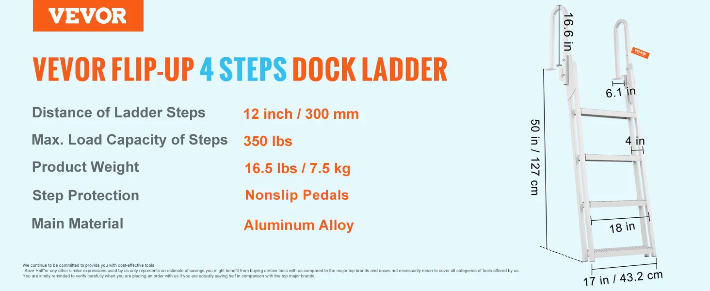 VEVOR dock ladder, 4 steps, aluminum alloy, nonslip rubber pads, 350 lbs capacity, 16.5 lbs weight.