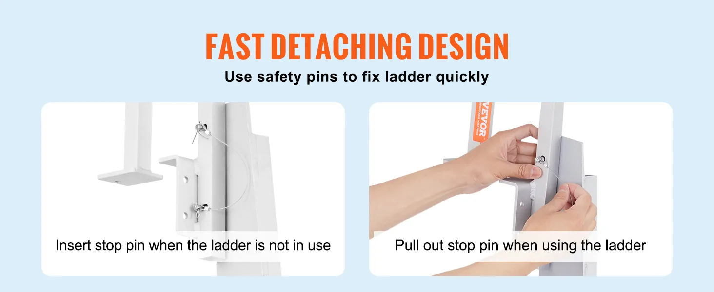 fast detaching design with safety pins for the VEVOR dock ladder. insert or pull out stop pin easily.