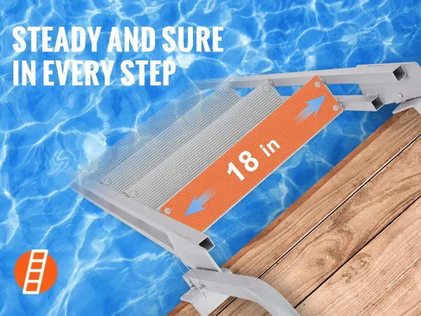 VEVOR-Anlegeleiter mit rutschfesten Gummipolstern, 18 x 4 Zoll großen Pedalen, Holzanleger und klarem blauen Wasser.