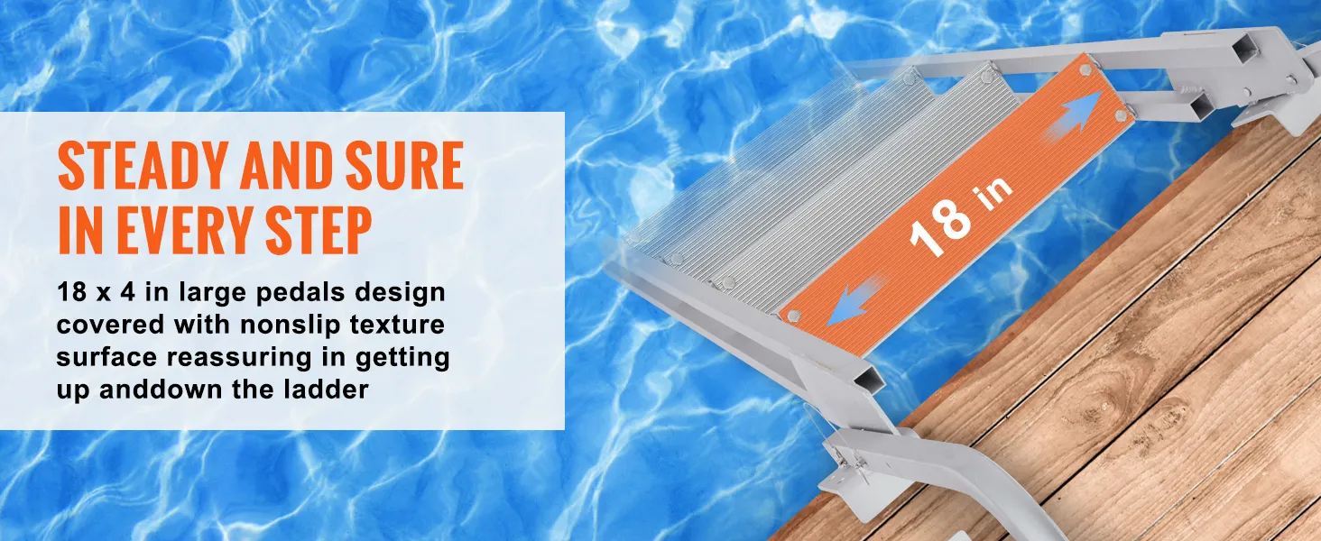VEVOR dock ladder with nonslip rubber pads, 18x4 in large pedals, wooden dock, and clear blue water.