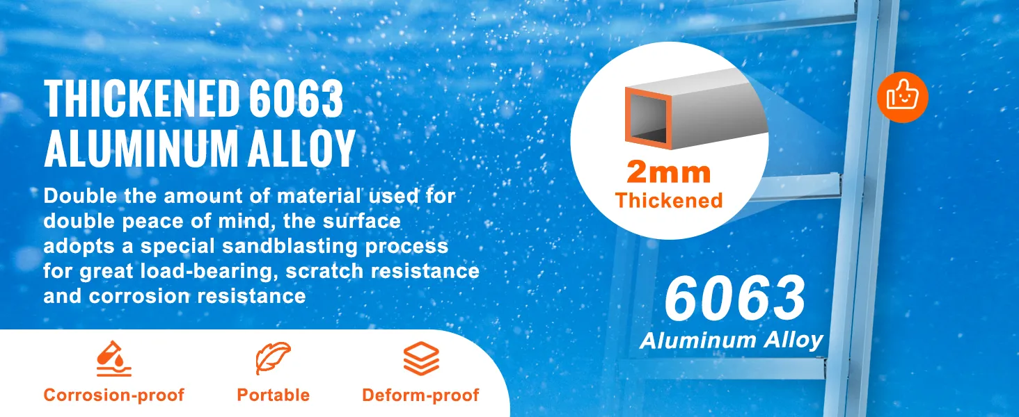 hand holding VEVOR dock ladder with widened square tube on wooden dock by water, showcasing handrail.