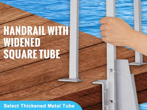 Montageanleitung für die VEVOR-Anlegeleiter mit sechs Schritten, einschließlich der Installation von Anti-Rutsch-Pads und dem Anschließen von Handläufen.