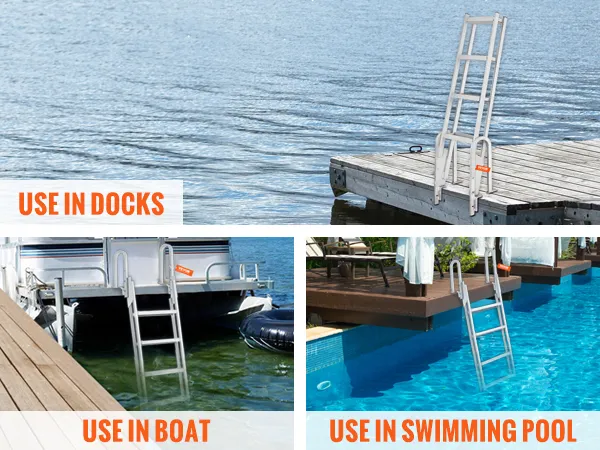 VEVOR-Anlegeleiter auf Holzsteg bei ruhigem Wasser, sorgt für Stabilität bei Sturm und Wellengang.