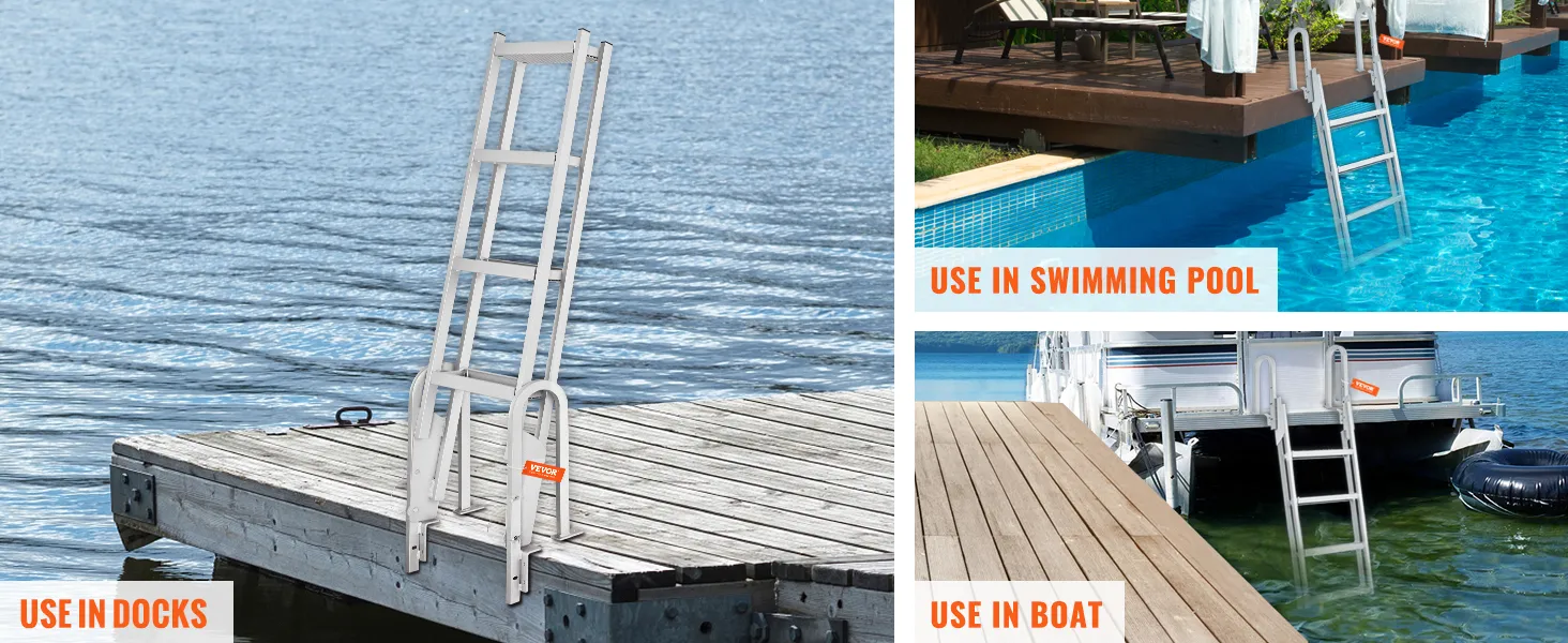 VEVOR dock ladder on wooden dock by calm water, promoting stability during storms and waves.