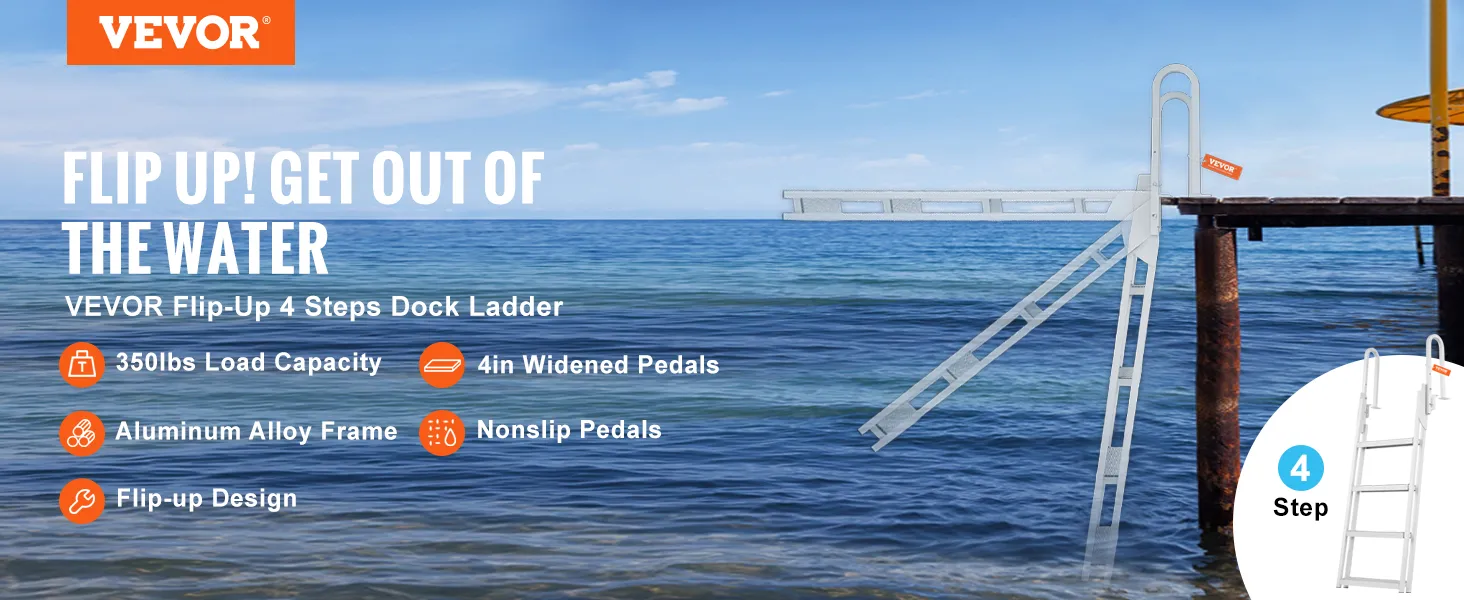 VEVOR dock ladder with 4 steps, aluminum frame, nonslip rubber pad, 350lbs load capacity, and flip-up design.