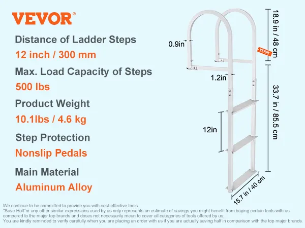 Escalera de muelle VEVOR, desmontable, 4 escalones, almohadillas de goma antideslizantes, aleación de aluminio, longitud de escalón de 12 pulgadas, carga de 500 libras.