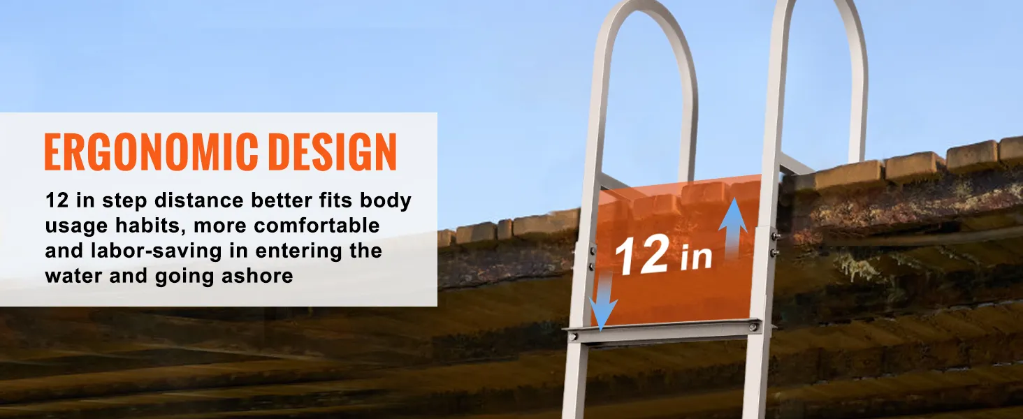 Escalera de muelle VEVOR con diseño ergonómico que presenta una distancia de escalón de 12 pulgadas para mayor comodidad y facilidad.
