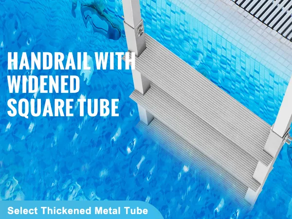 VEVOR-Anlegeleiter mit verbreitertem Vierkantrohr-Handlauf über einem blauen Pool. Bequemer 1,2 Zoll Durchmesser.