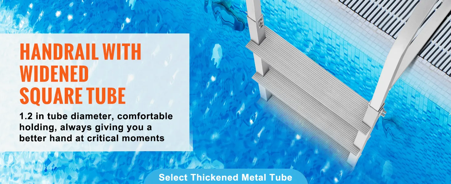 VEVOR-Anlegeleiter mit verbreitertem Vierkantrohr-Handlauf über einem blauen Pool. Bequemer 1,2 Zoll Durchmesser.