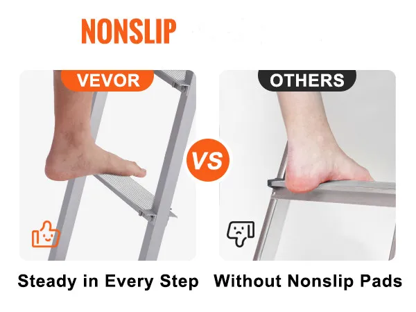 VEVOR-Anlegeleiter mit rutschfesten Gummipolstern im Vergleich zu anderen ohne rutschfeste Polster, was für mehr Sicherheit sorgt.