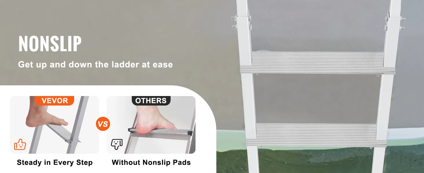 VEVOR-Anlegeleiter mit rutschfesten Gummipolstern im Vergleich zu anderen ohne rutschfeste Polster, was für mehr Sicherheit sorgt.