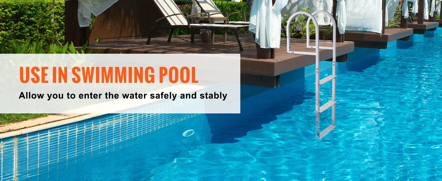 In einem makellosen Swimmingpool installierte VEVOR-Anlegeleiter, die einen sicheren und stabilen Einstieg ins Wasser ermöglicht.