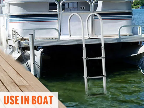 Pontonboot mit VEVOR-Anlegeleiter, verlängertem Handlauf, schwimmendem Schlauch, freier Seeblick.