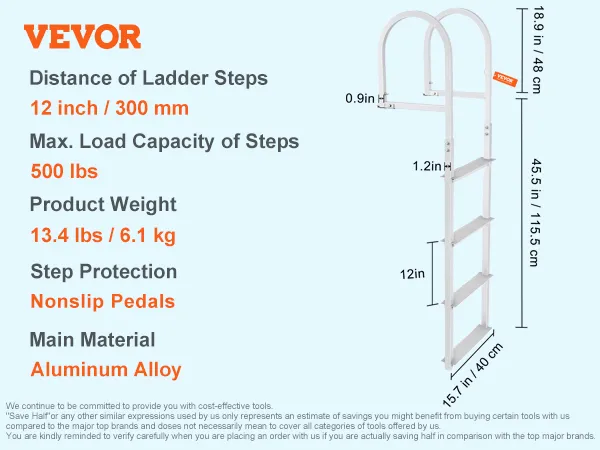 VEVOR dock ladder, removable, 4 steps, aluminum alloy, 500 lbs capacity, nonslip steps.