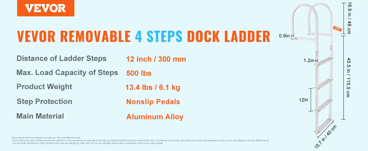 VEVOR dock ladder, removable, 4 steps, aluminum alloy, 500 lbs capacity, nonslip steps.