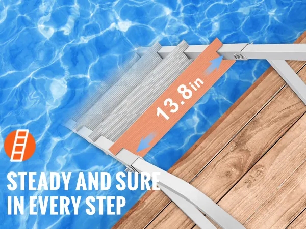 VEVOR dock ladder with 13.8 inch nonslip rubber pedals for double stability over a wooden deck by the water.