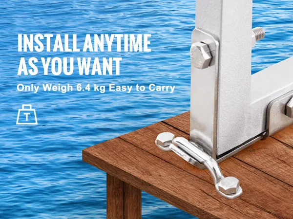 six-step installation guide for VEVOR dock ladder: install nonslip pads, pedals, handrails, buckles, snap ring.
