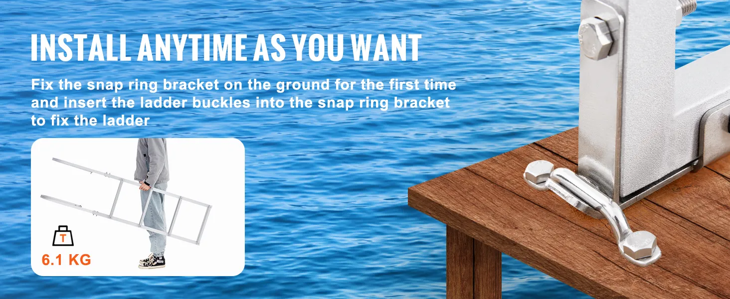 six-step installation guide for VEVOR dock ladder: install nonslip pads, pedals, handrails, buckles, snap ring.
