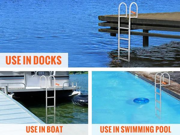 VEVOR dock ladder on a stable dock with rubber tires, next to calm blue water. perfect for safety.