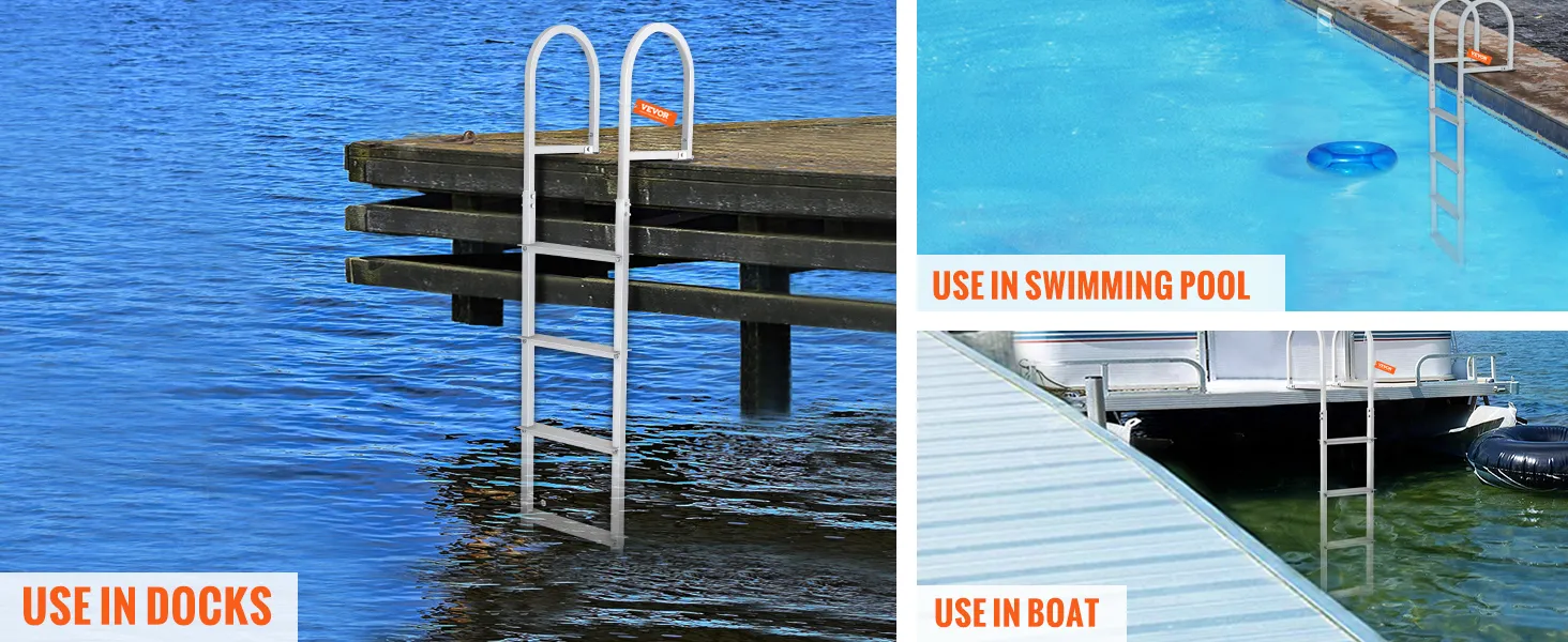 VEVOR dock ladder on a stable dock with rubber tires, next to calm blue water. perfect for safety.