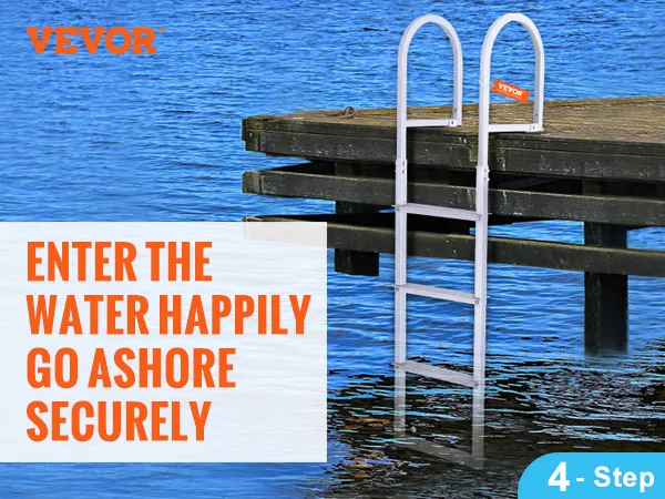 VEVOR detachable 5-step dock ladder with aluminum alloy frame and non-slip rubber pads by lake. signs for 500lbs load